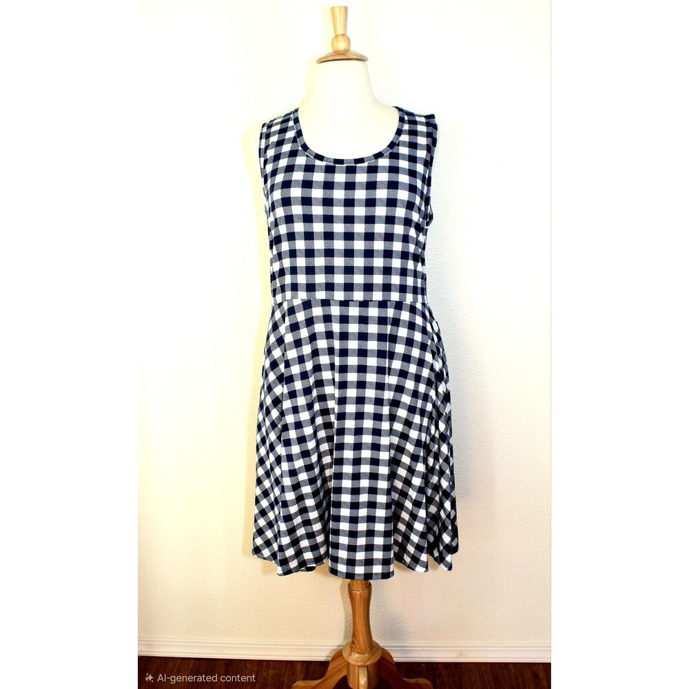 LULAROE Knit Dress NICKI Plus 3XL Flared Skirt Navy White Plaid Summer Casual 04